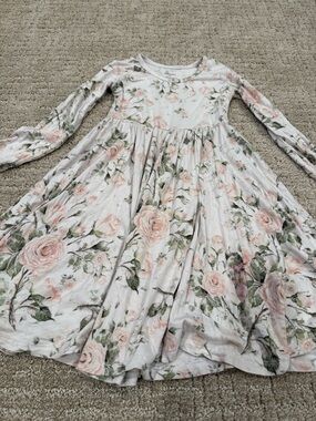 Posh Peanut Cream Floral Twirl Dress with Pink Roses
